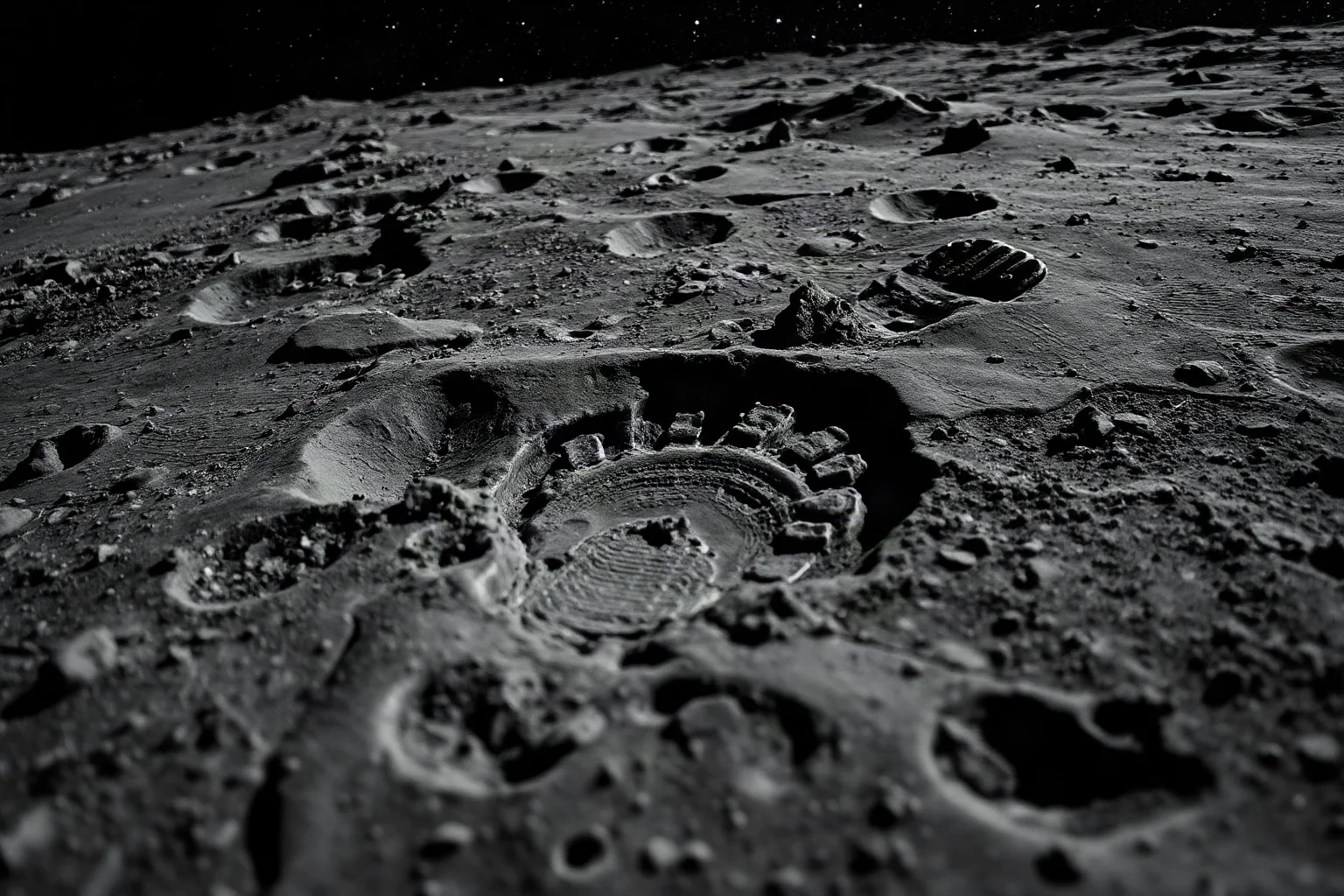 An astronaut's footprint pressed into grey lunar soil with a starry black sky above