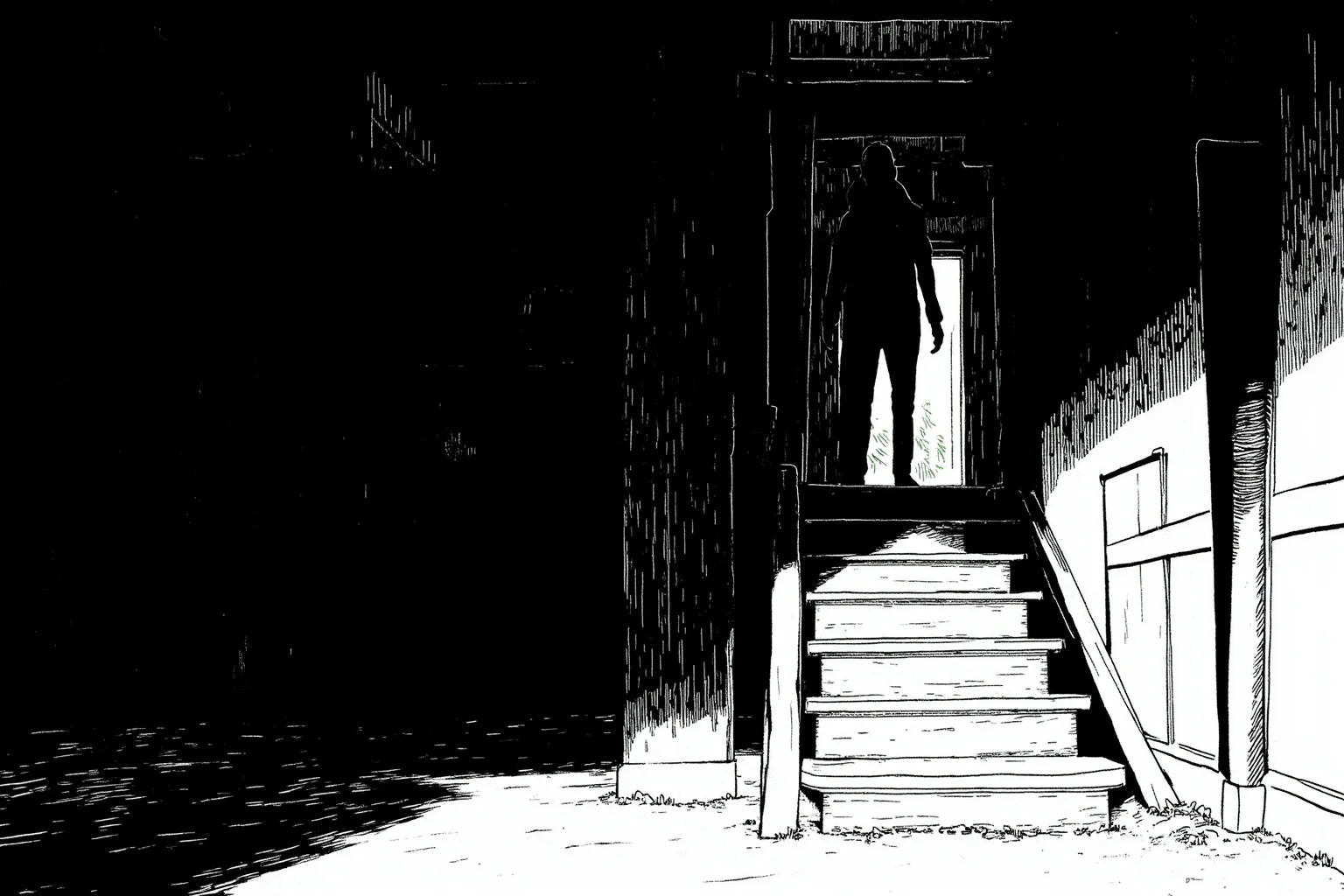 An atmospheric black-and-white style illustration of an old wooden staircase in a dim, empty house, with a faint shadowy silhouette near the top steps.