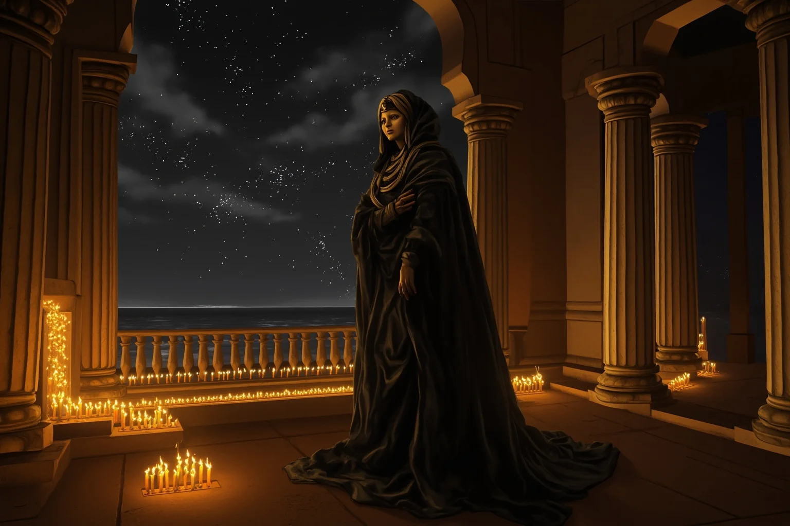 Historical Figures Who Died Of A Broken Heart 3 An atmospheric illustration of an Egyptian queen in mourning robes inside a candlelit palace chamber overlooking the Nile
