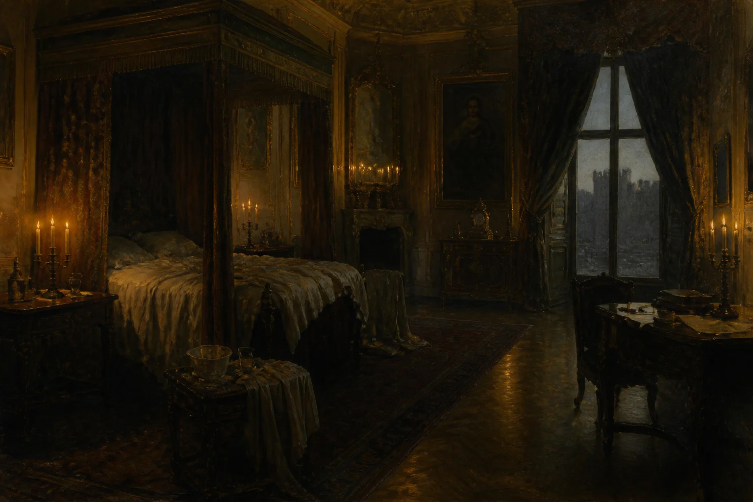 An atmospheric painting of a candle-lit 18th-century royal bedchamber at Windsor Castle, conveying illness and isolation without depicting any specific person