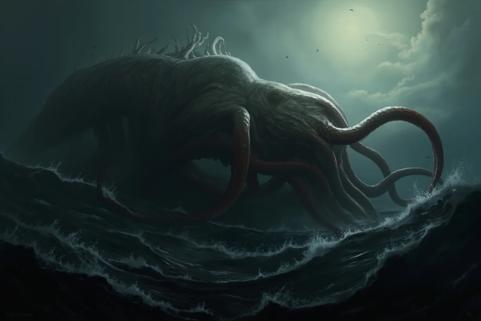 An atmospheric painting of a colossal, tentacled ancient entity half-submerged beneath dark ocean waves, rendered in a way that emphasizes scale and mystery rather than gore
