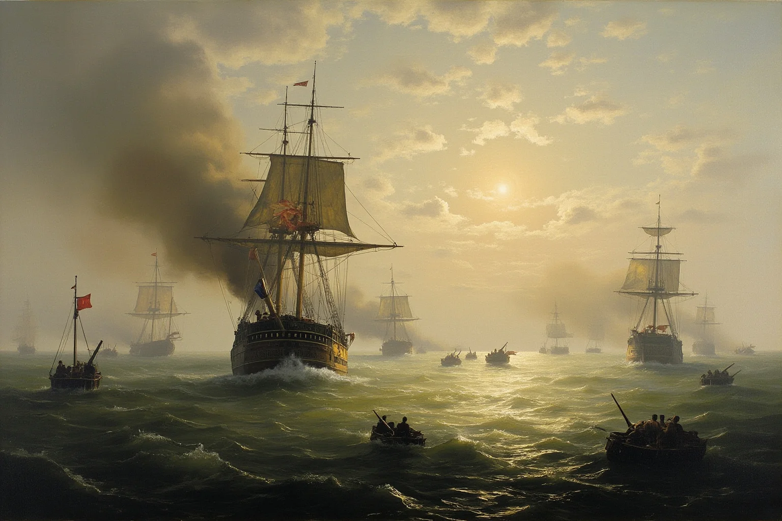 An atmospheric painting of a South China Sea naval battle between wooden warships in the early 1800s, cannon smoke drifting over the water, no modern elements
