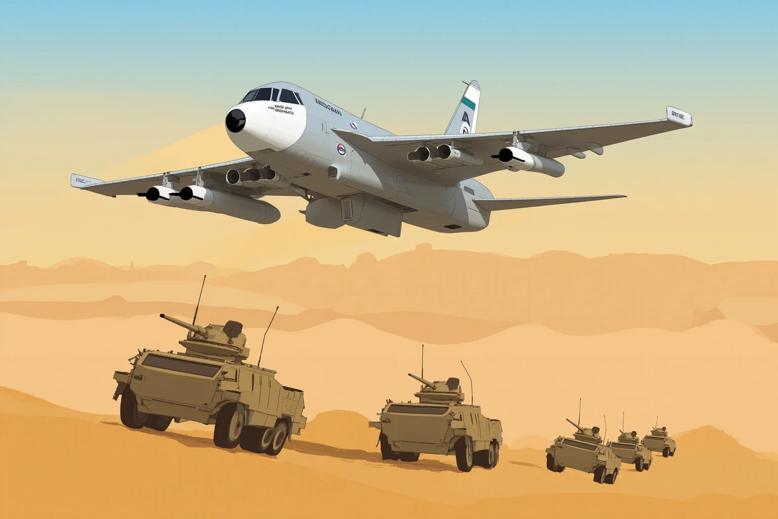 Memorable Moments Of Friendly Fire Throughout History 15 An attack aircraft flying low over a desert landscape with armored vehicles below, generic modern military illustration