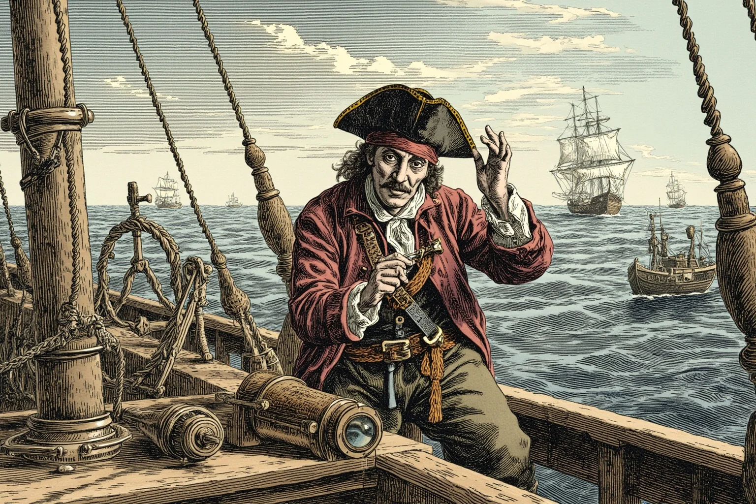 An awkward, inexperienced gentleman pirate captain fumbling with navigation tools on a ship deck, comedic historical illustration