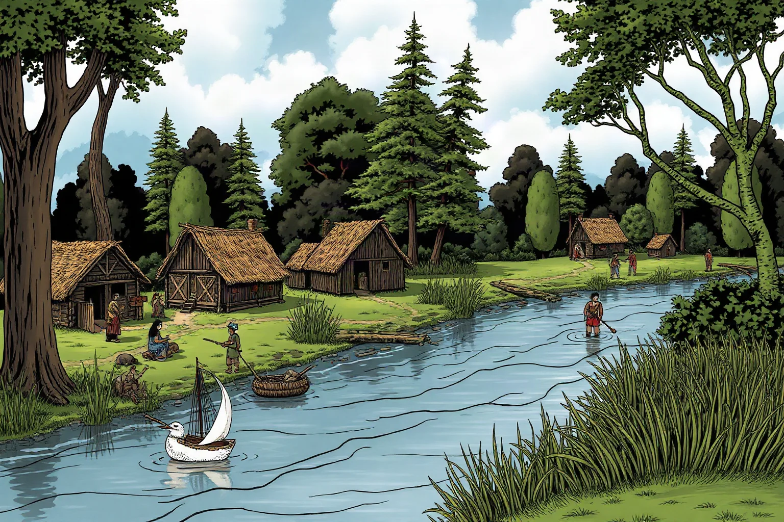An early 17th-century Powhatan village scene along a wooded riverbank, historical illustration style