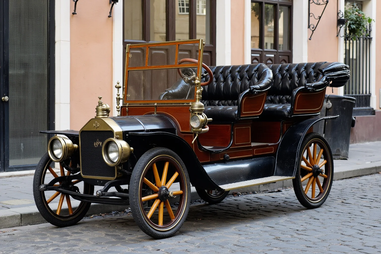 An early 1900s curved-dash automobile with a rounded front and tiller steering, parked on a cobblestone street