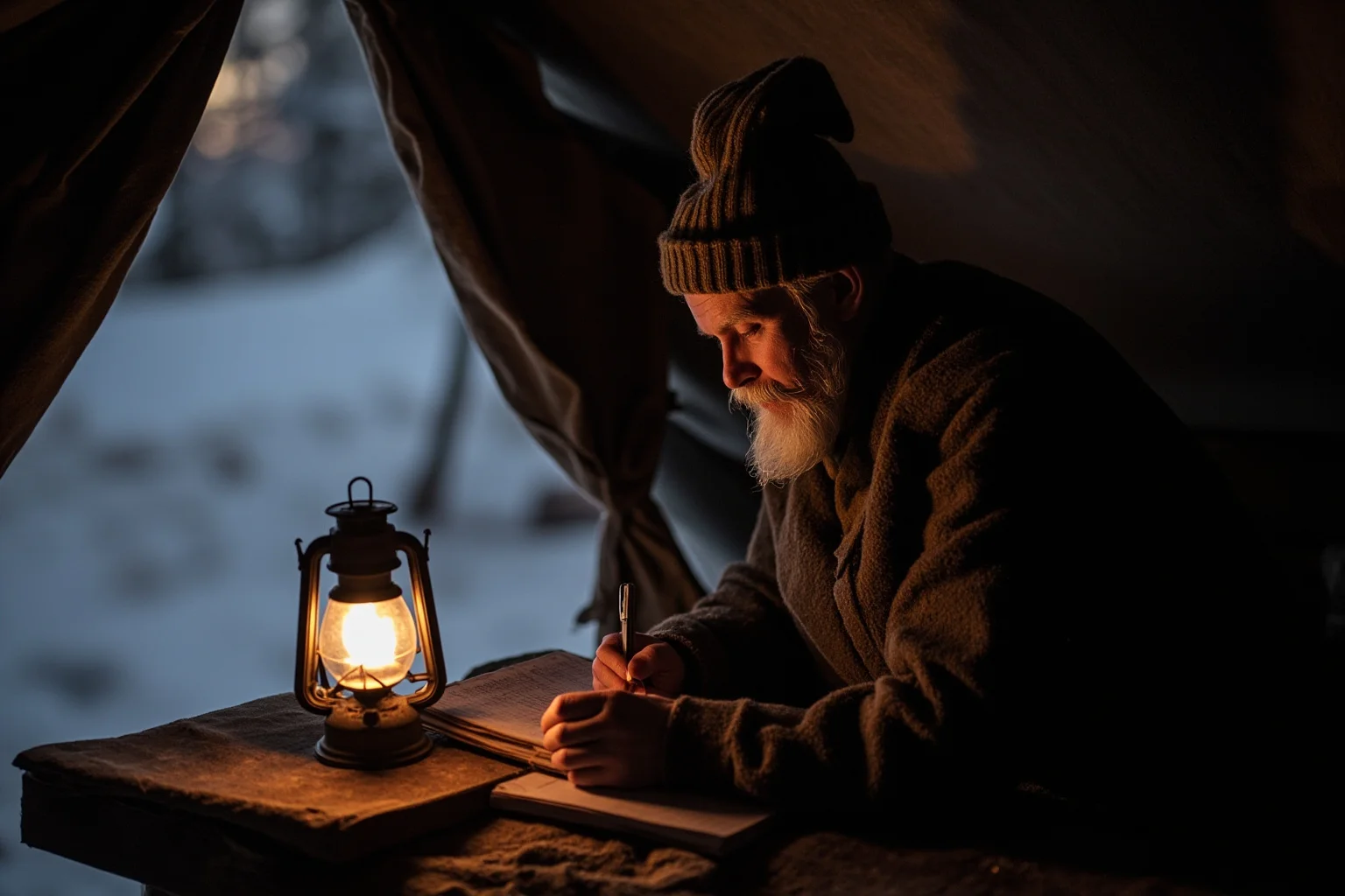 An early 1900s explorer writing in a journal inside a canvas tent lit by a lantern, snow visible outside