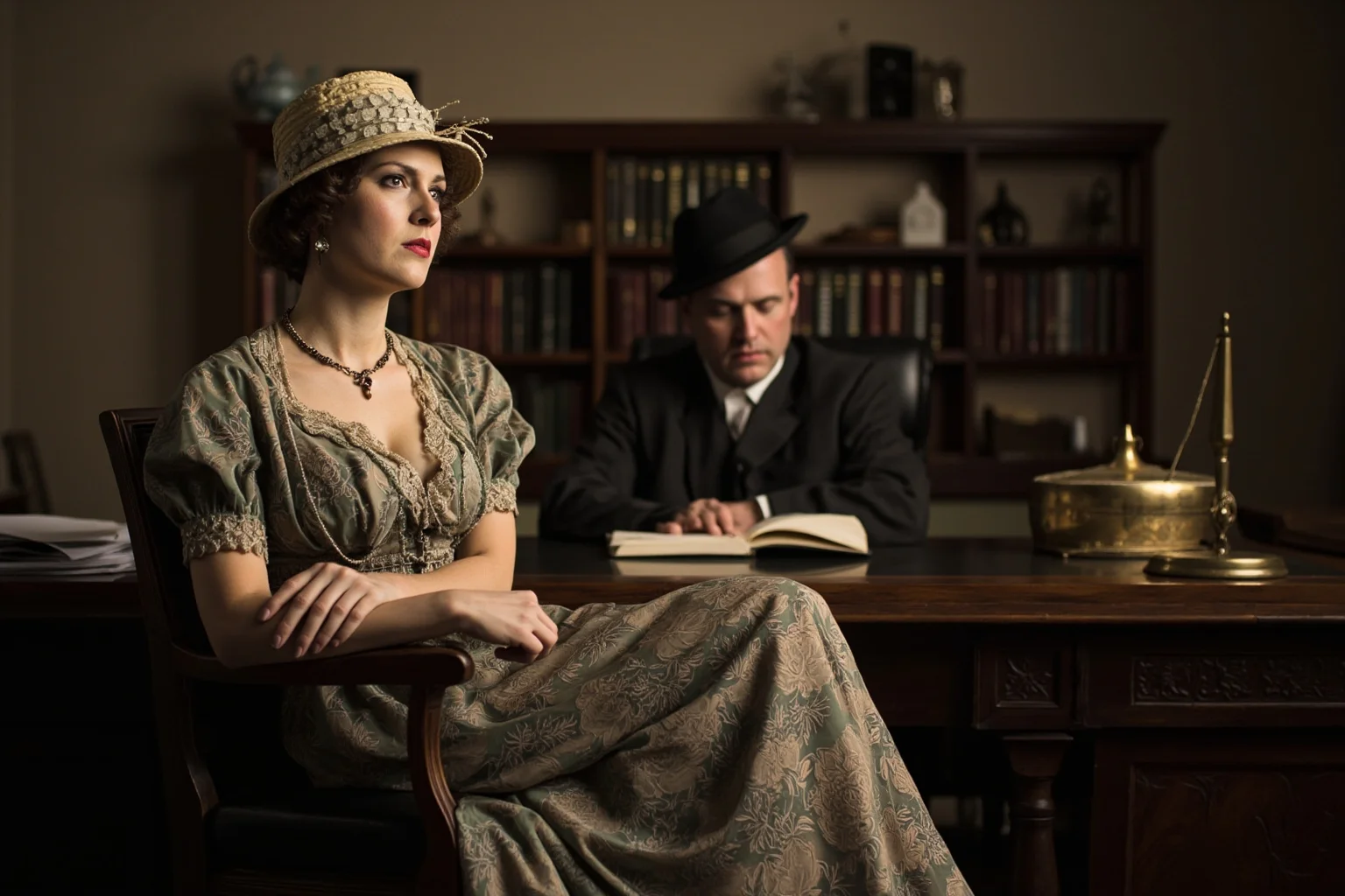 An early 1900s woman in elaborate Edwardian dress sitting confidently in a bank manager's office