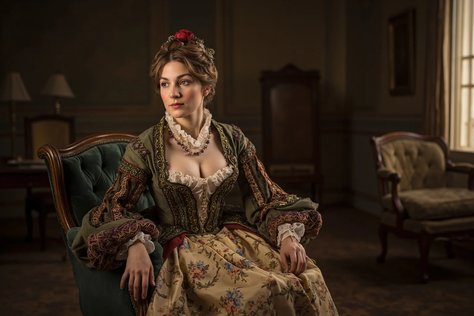 An early 19th-century Englishwoman in an elaborate invented 'exotic' costume sitting in a Regency-era parlor