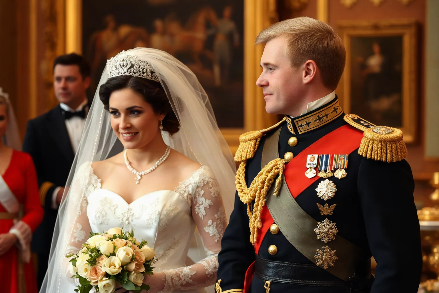 An early 19th-century military general in dress uniform standing beside a royal bride at a palace wedding