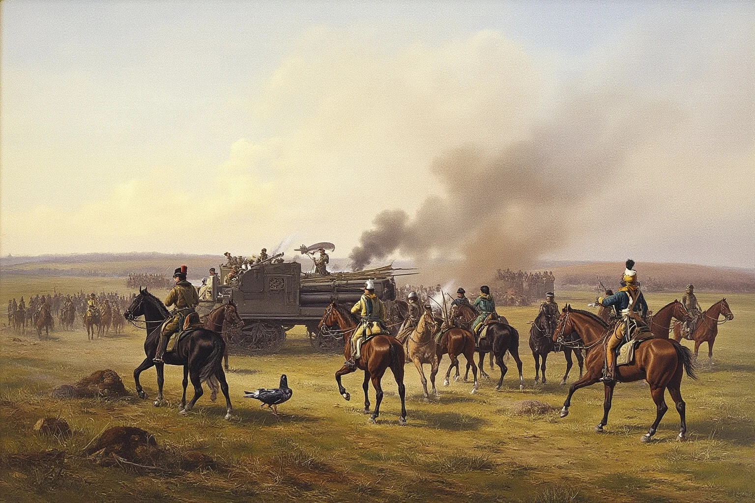An early 20th century battlefield showing a mix of cavalry and early tanks meeting in a field, transitional-era military illustration