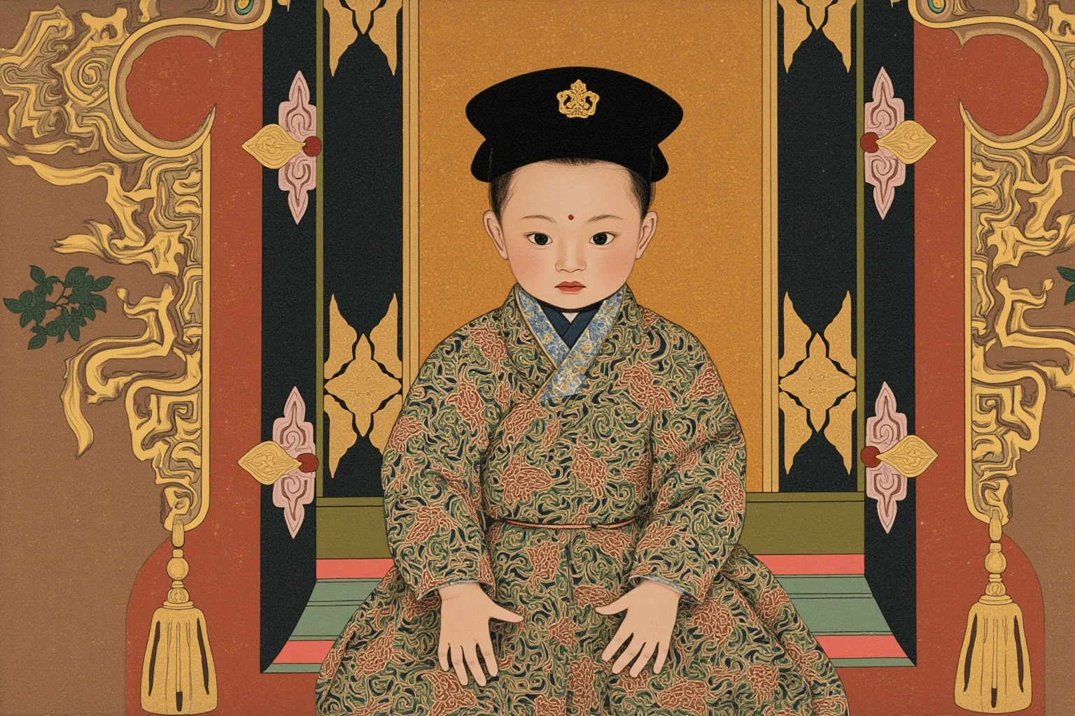 An early 20th-century Chinese imperial palace throne room with a small child in elaborate dragon-embroidered robes, illustrative style