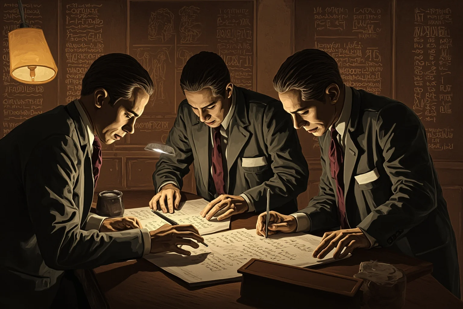 How A Single Telegram Pushed America Into World War I 2 An early 20th-century codebreaking office with cryptographers working over paper cipher sheets, warm lamp lighting, illustrated historical scene