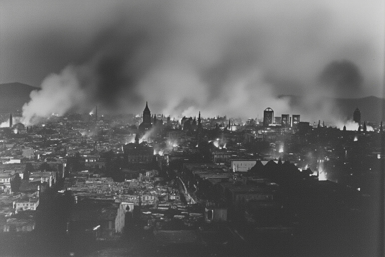 An early 20th-century Japanese city engulfed in fire following a major earthquake