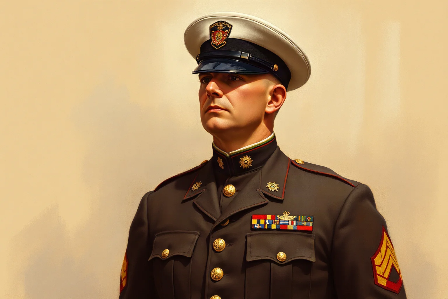 An early 20th-century Marine Corps major general in dress uniform standing at attention, illustrative vintage portrait painting style
