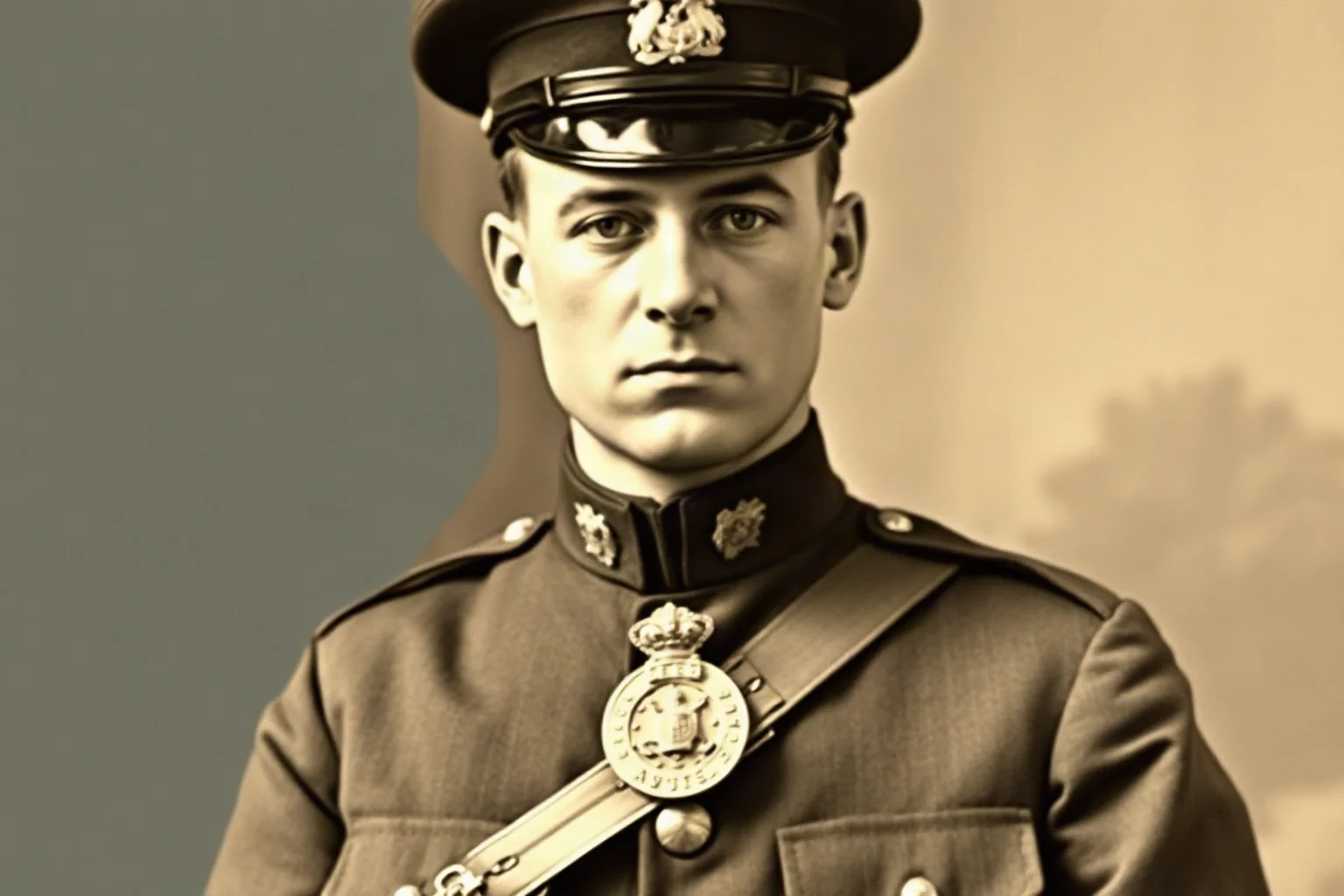 An early 20th-century Marine Corps sergeant major in dress uniform with two medals on his chest, illustrative vintage portrait style