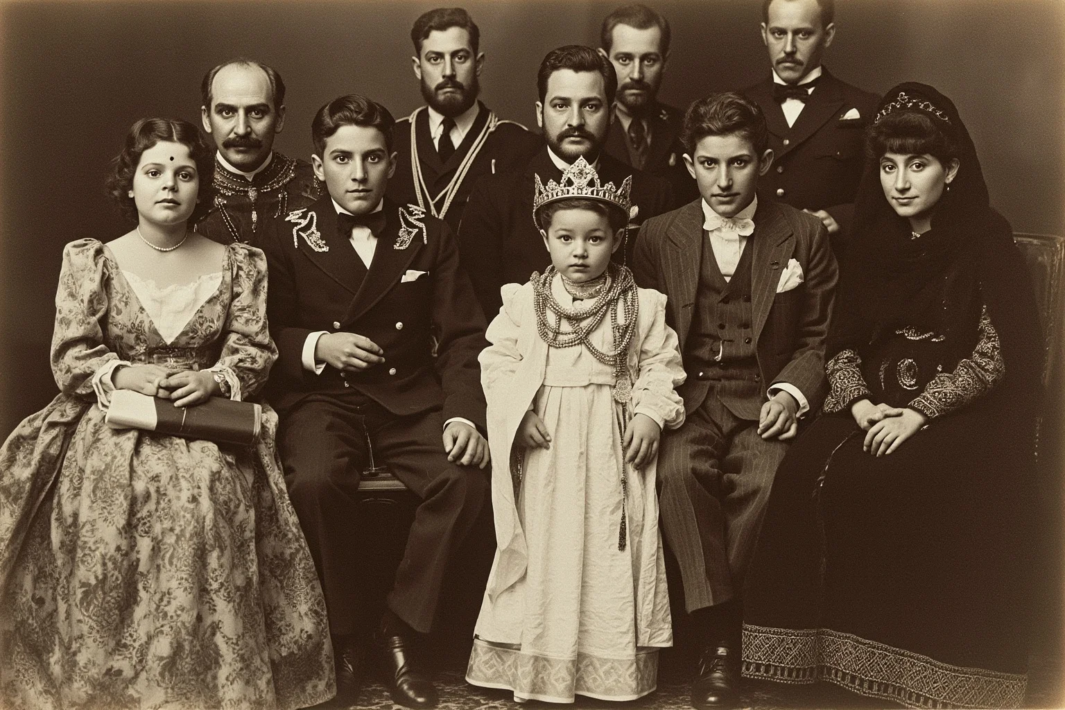 An early 20th-century Romanian royal court with a young child in formal royal attire surrounded by regents, illustrative style