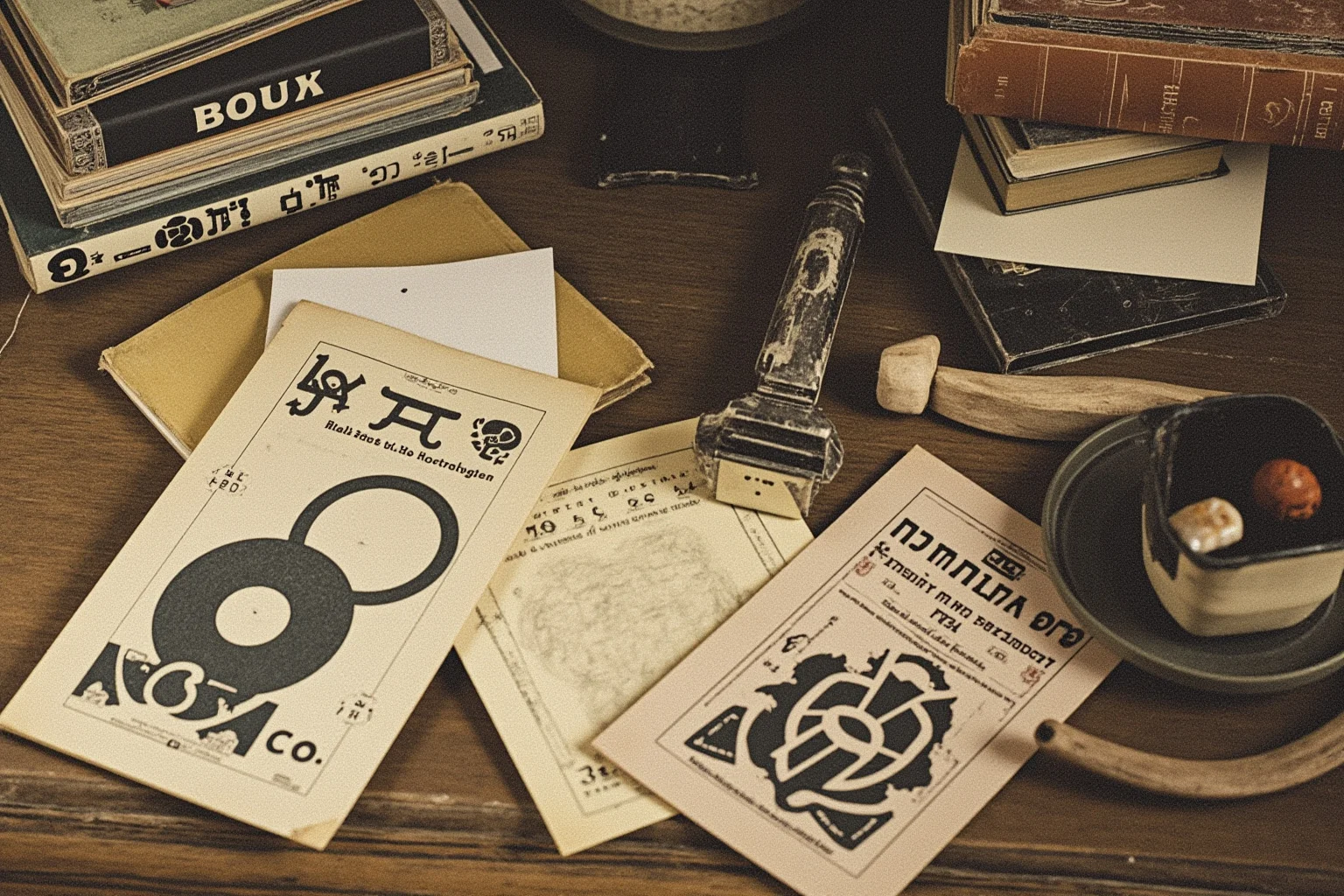 An early 20th century Swiss study with abstract symbols, dream imagery, and analytical psychology texts scattered on a desk