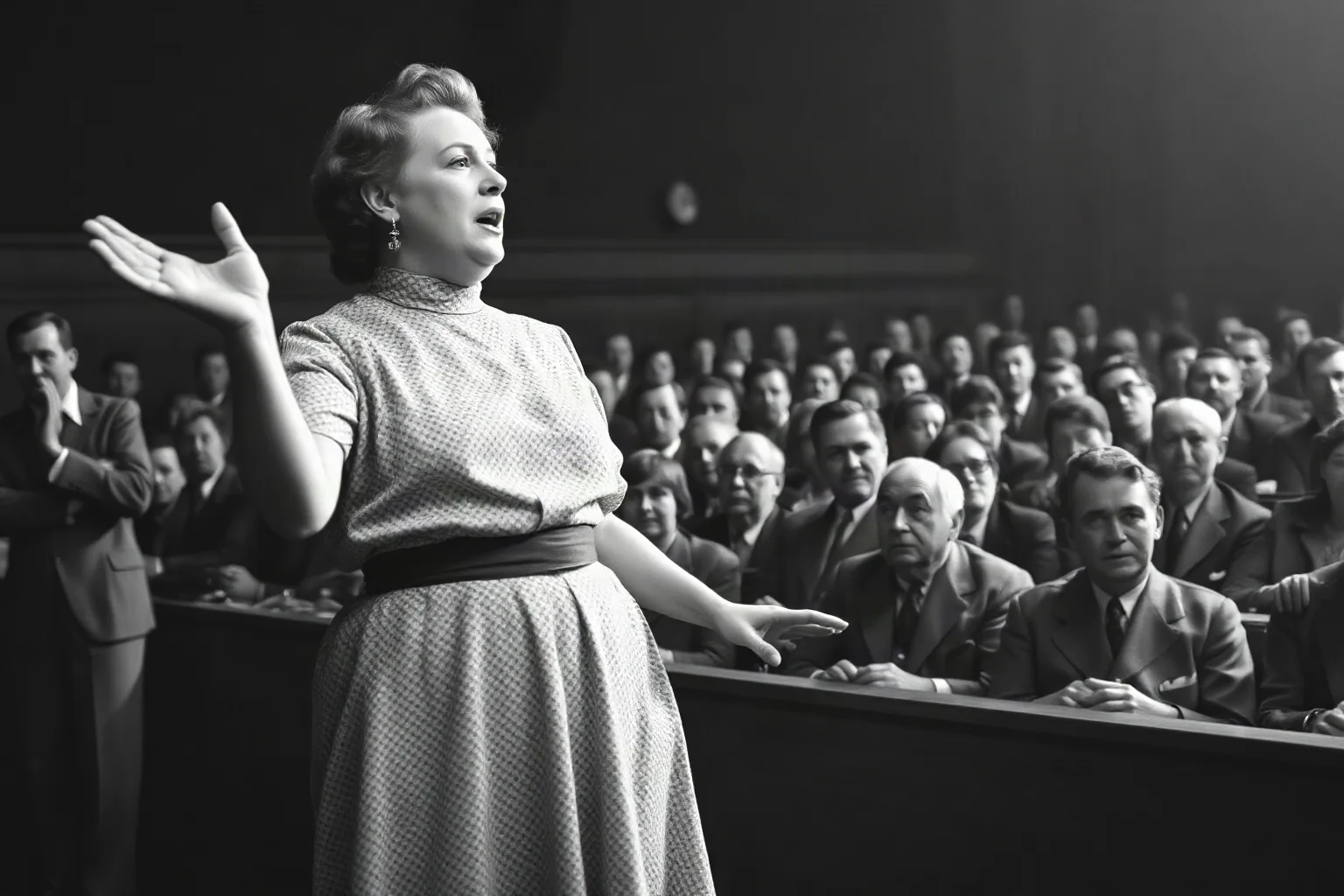 An early 20th-century woman speaking passionately to a crowded lecture hall