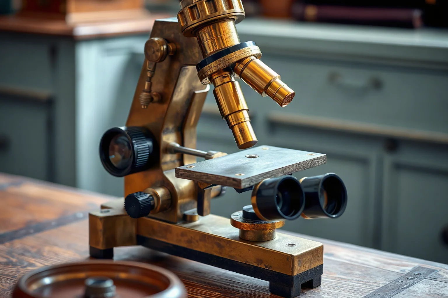 An early brass compound microscope with multiple lenses sitting on a scholar's wooden desk
