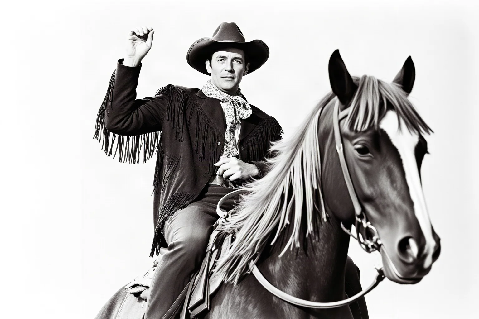 An early film-era cowboy actor in fringed jacket posing dramatically atop a horse