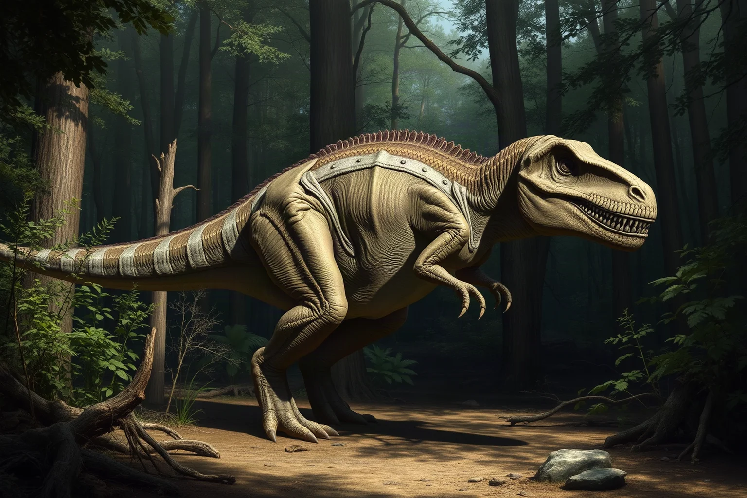 An early, fragmentary-looking Megalosaurus depicted in a Jurassic English woodland, realistic paleoart style