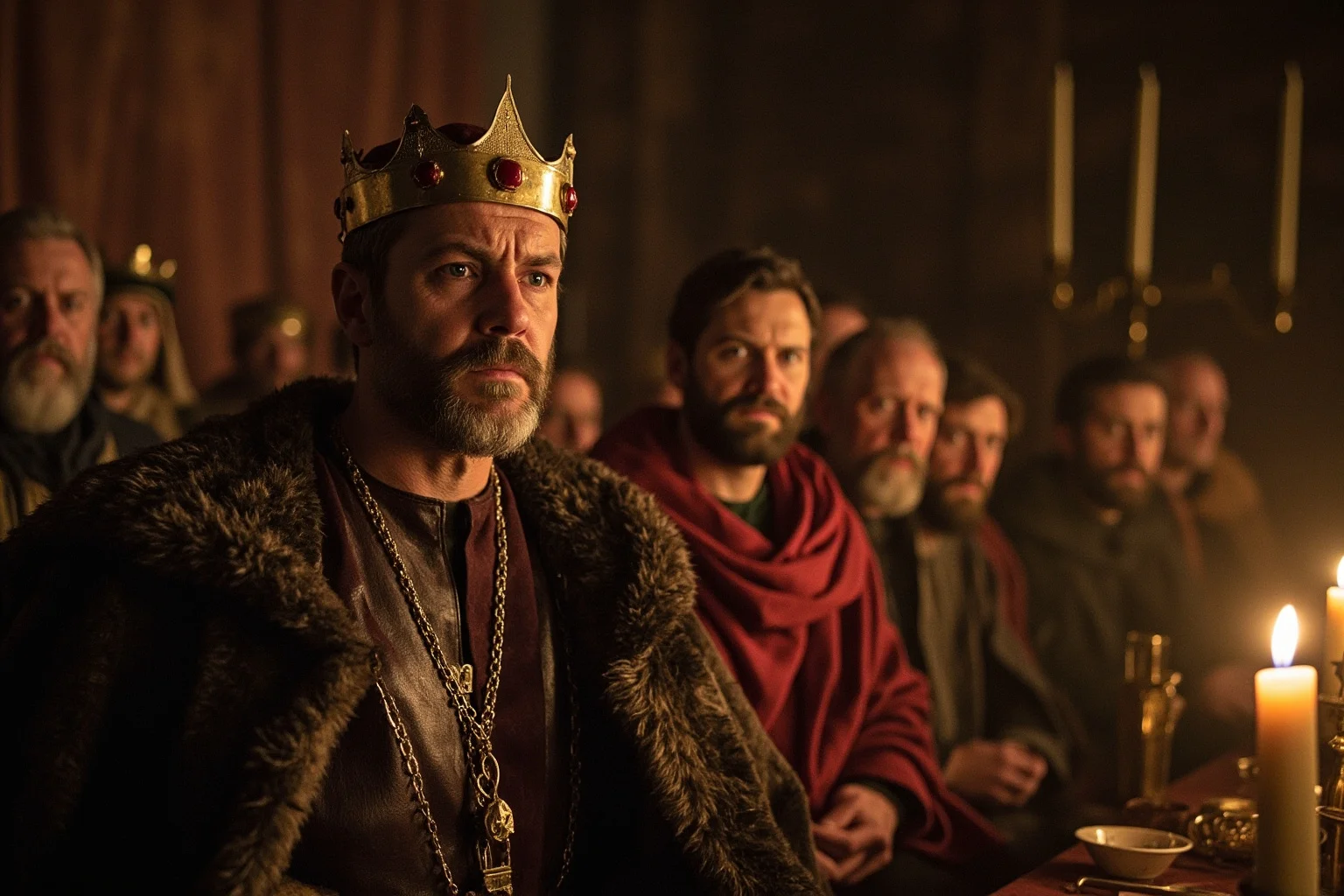 An early medieval English king looking uncertain, surrounded by advisors in a candlelit council chamber, illustrative painting style