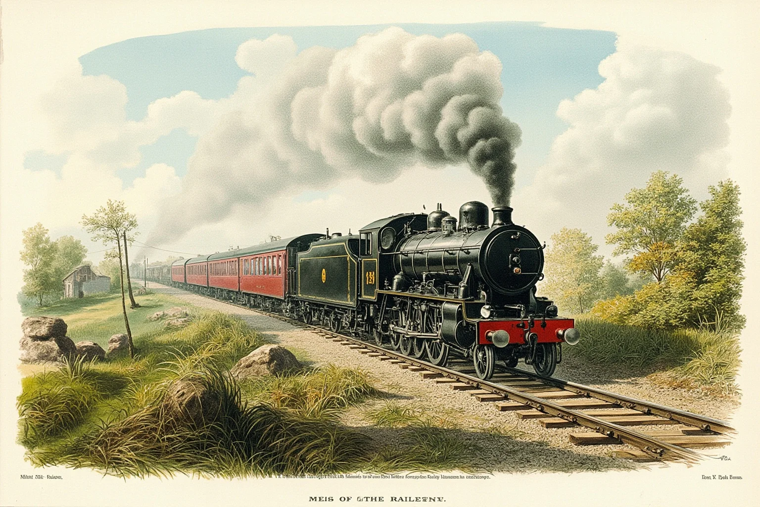 An early steam locomotive with a plume of smoke pulling carriages along a rural British railway, illustration style