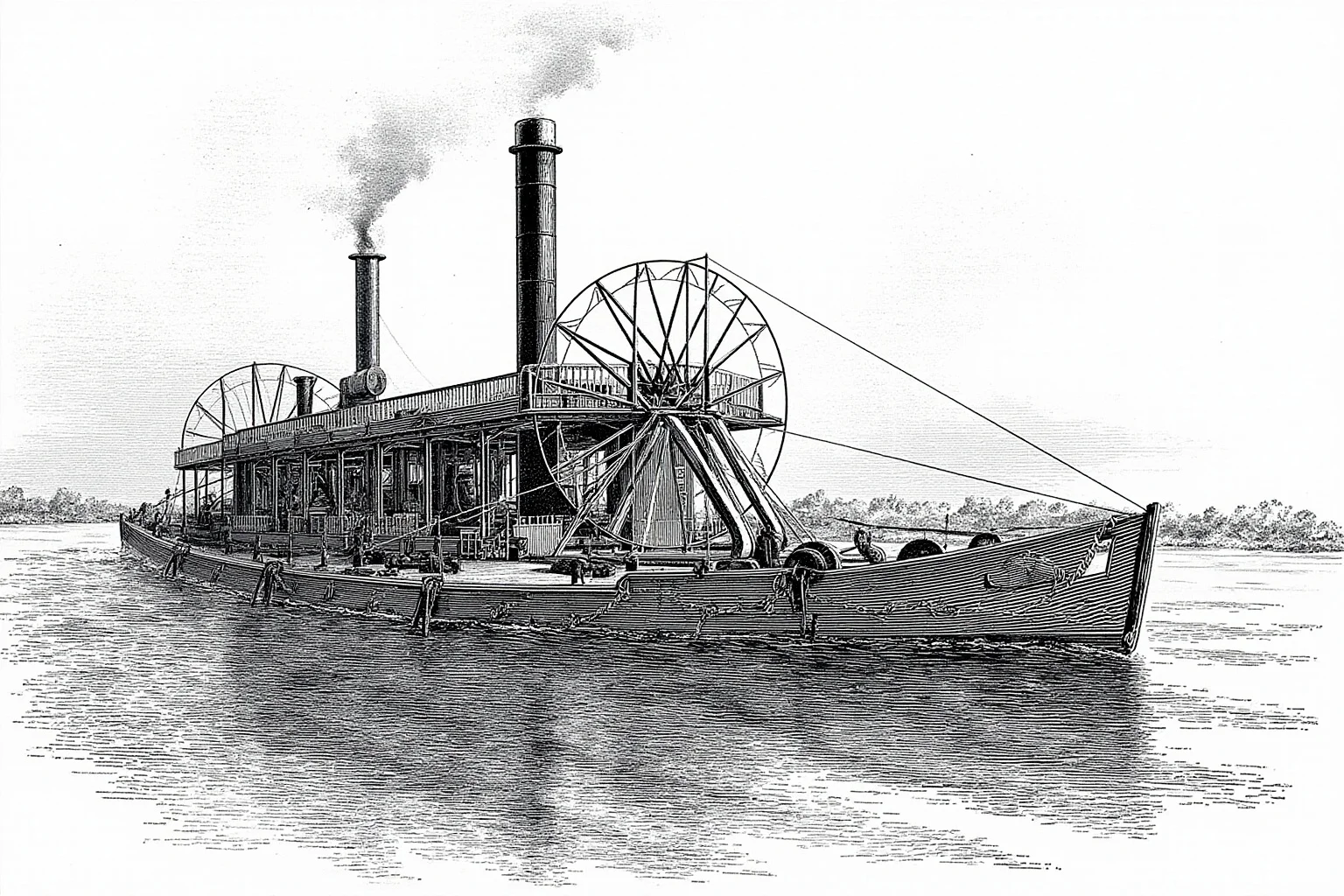 An early steamboat with a large paddle wheel traveling along a wide river, historical illustration