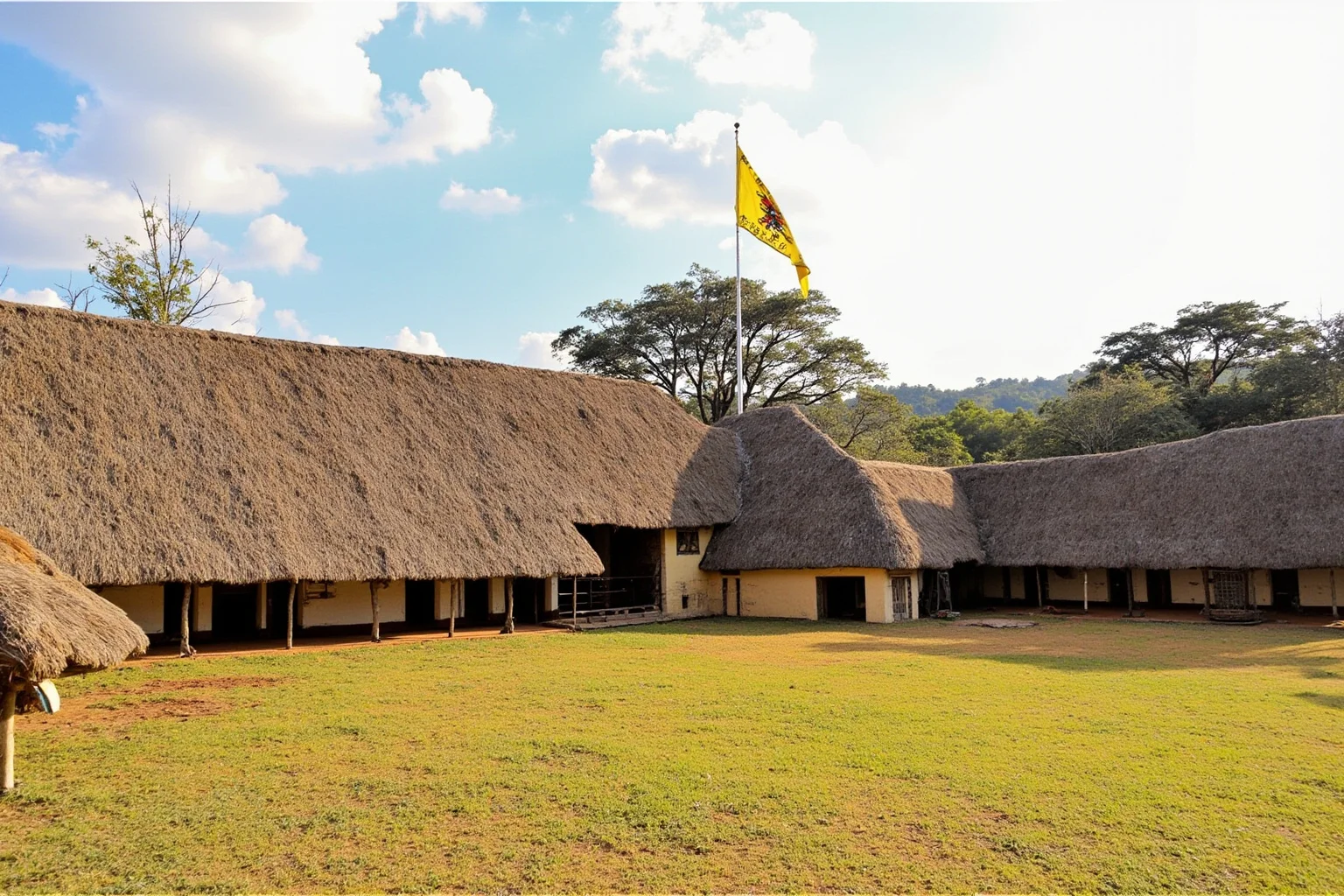 An East African royal palace compound with traditional thatched structures representing the Kingdom of Buganda