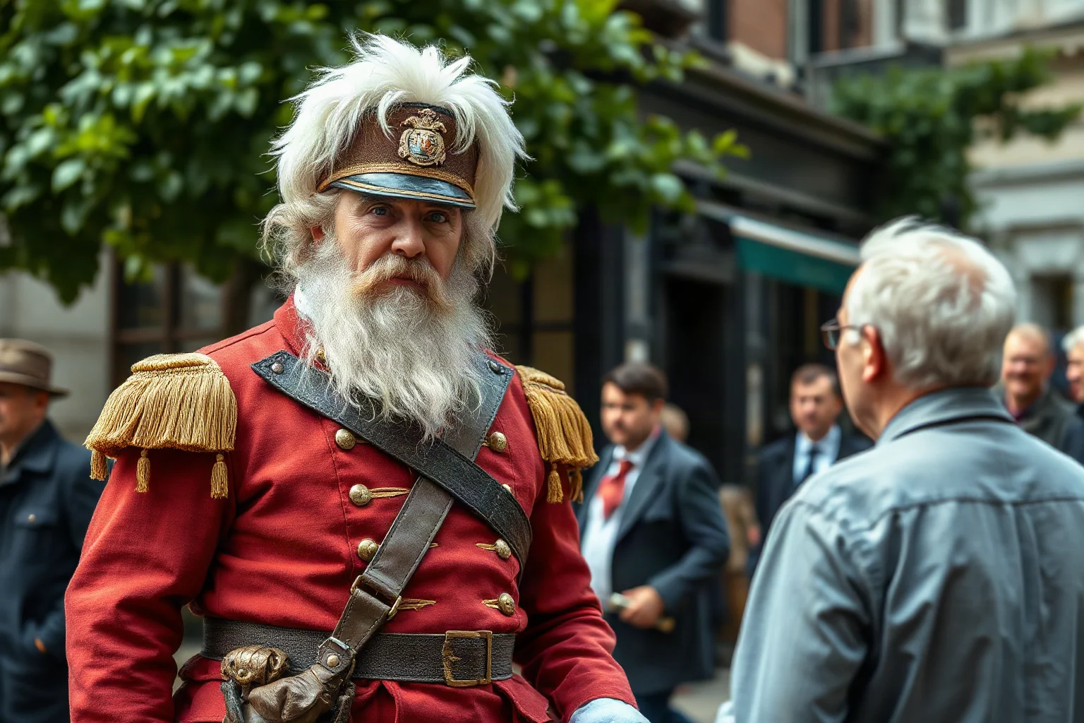 An eccentric bearded man in an elaborate homemade military-style uniform greeting citizens on a city street, 1800s