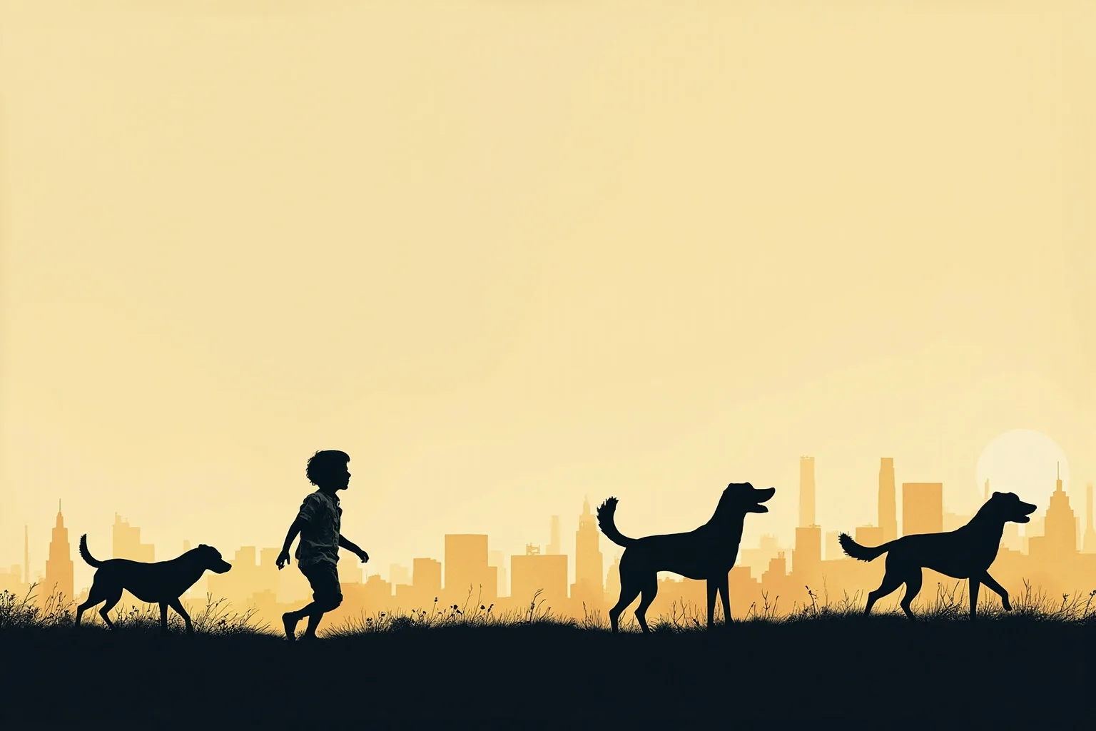 An editorial-style illustration symbolizing childhood resilience, showing a small silhouette of a child walking alongside dog silhouettes toward a distant city skyline