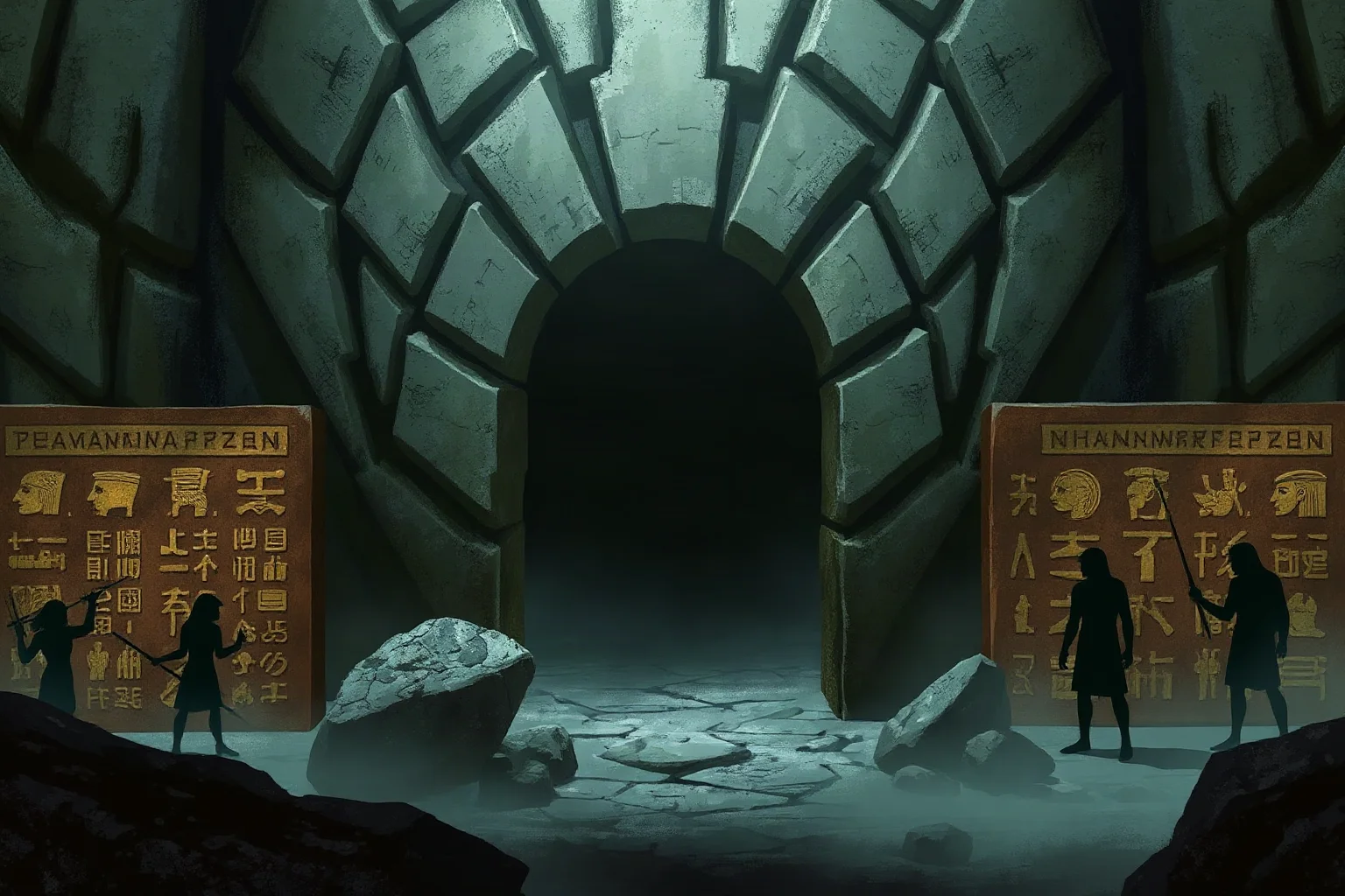 An eerie ancient Egyptian tomb entrance with warning hieroglyphs and shadowy figures, moody illustration