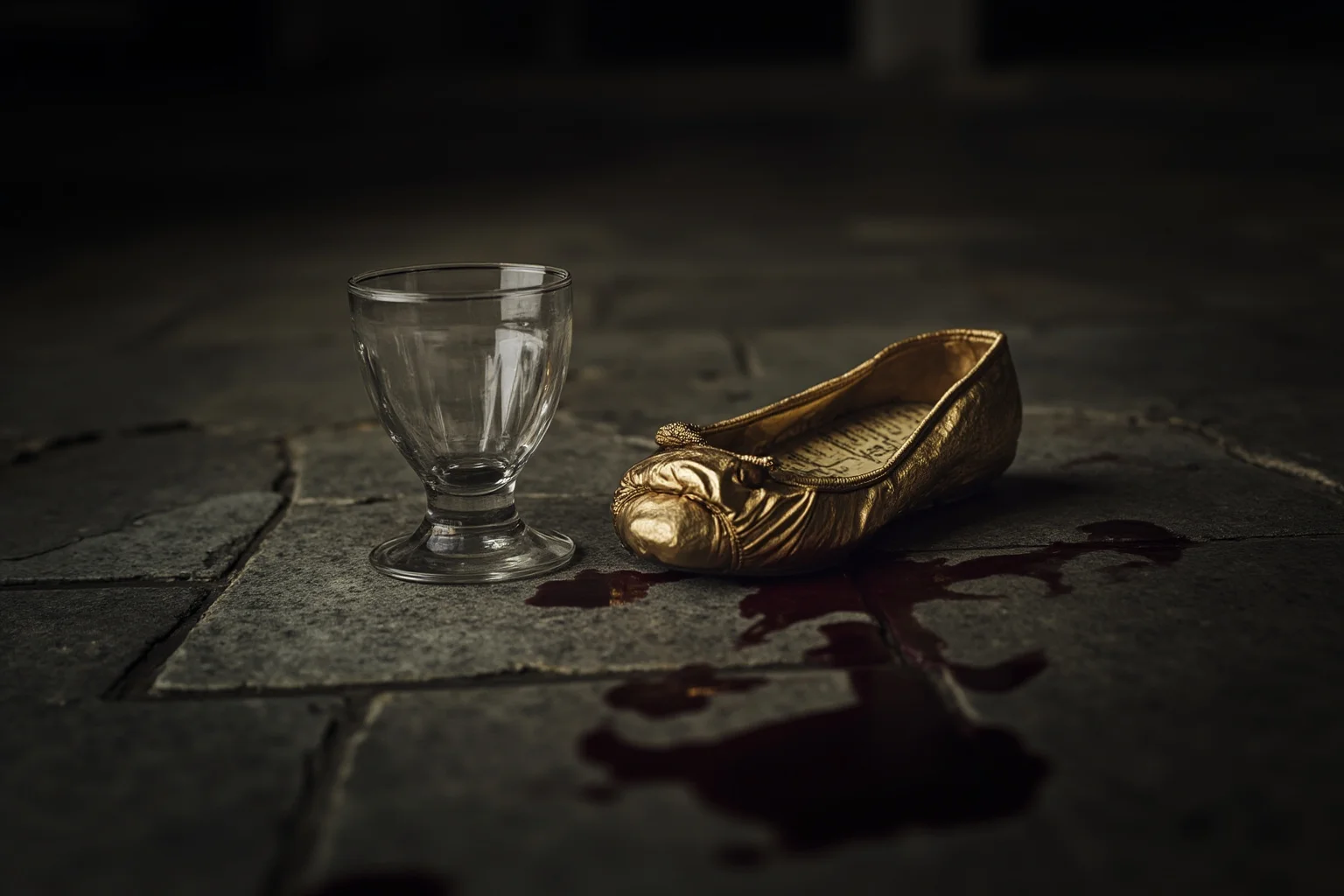 Grim Childhoods Indeed: The 20 Darkest Brothers Grimm Fairy Tales 4 An eerie storybook scene of a golden slipper on a stone floor beside a broken glass with a dark bloodstain nearby