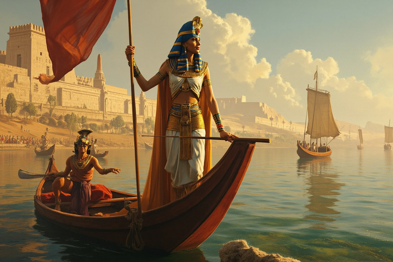 Wars Started By Women: The Rebel Queens Who Changed History 5 An Egyptian pharaoh queen in royal regalia standing on a Nile riverboat with Roman ships in the distant background, historical painting style