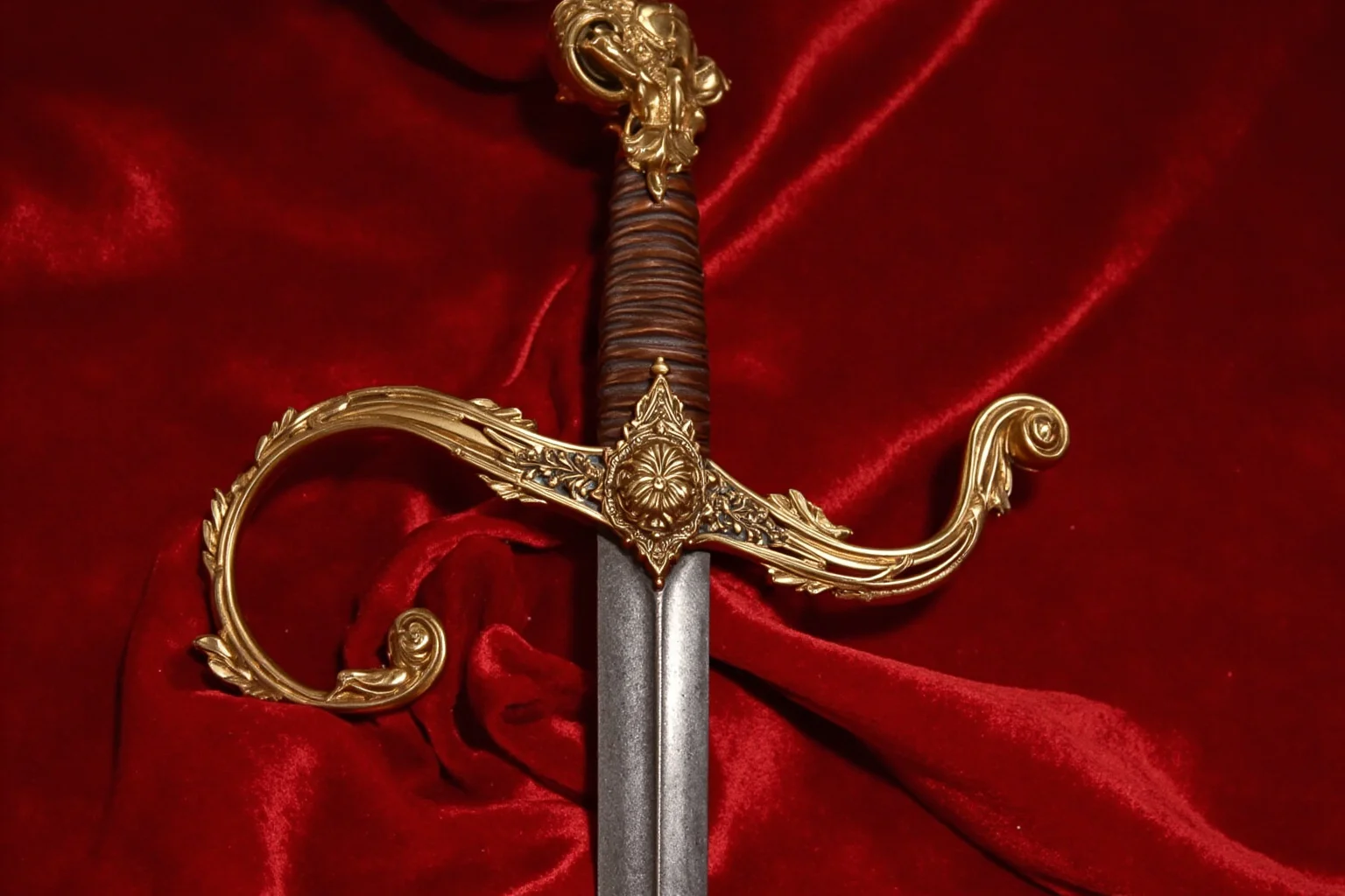 An elaborate gold-hilted ceremonial sword displayed on red velvet, resembling royal coronation regalia