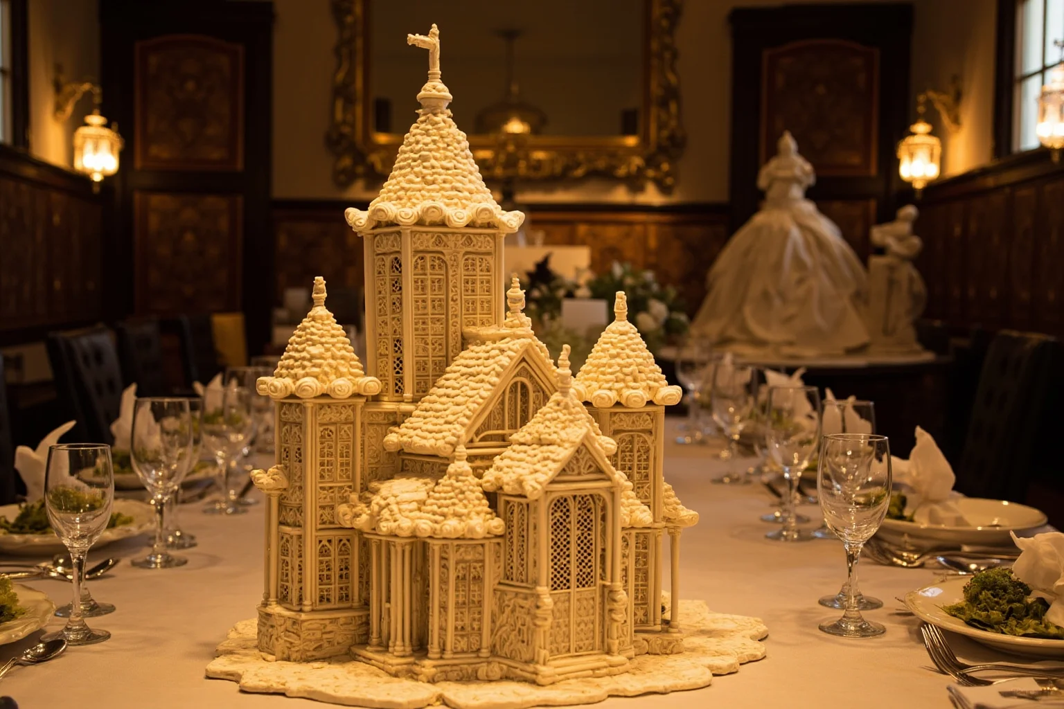 An elaborate sugar sculpture shaped like a castle on a nobleman's banquet table in a historical European hall