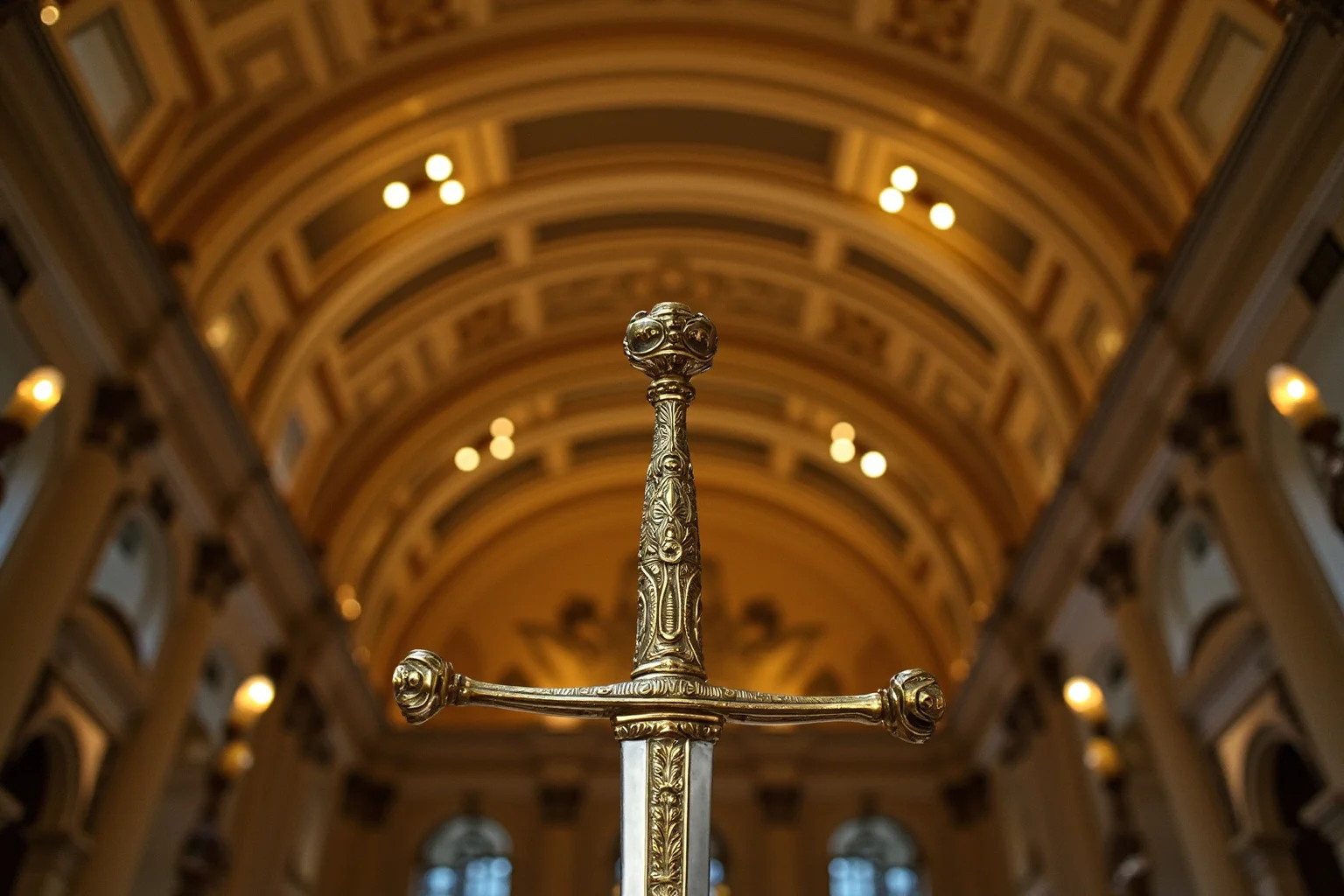 An elaborately gold-decorated imperial ceremonial sword displayed in a European palace hall