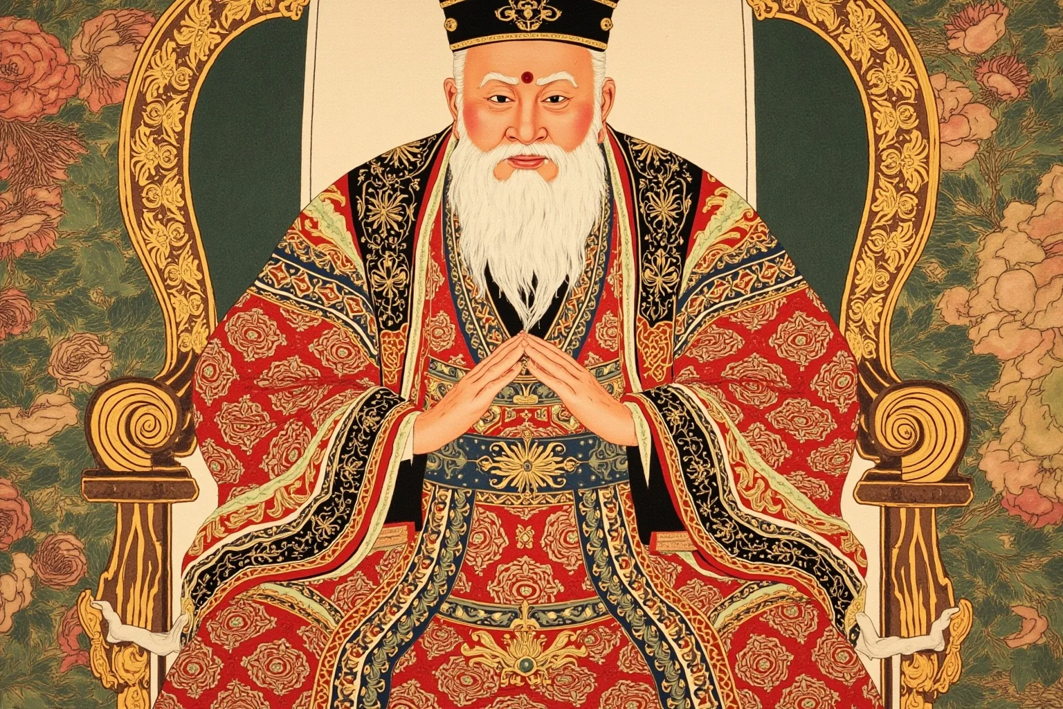 The Mad Baron Who Conquered Mongolia: The Bloody Life of Roman von Ungern-Sternberg 13 An elderly Buddhist monarch in ornate ceremonial robes seated on a modest wooden throne, illustrative style