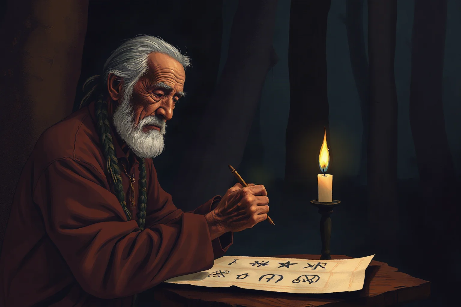 An elderly Cherokee man writing symbols on birch bark by candlelight, historical illustration style