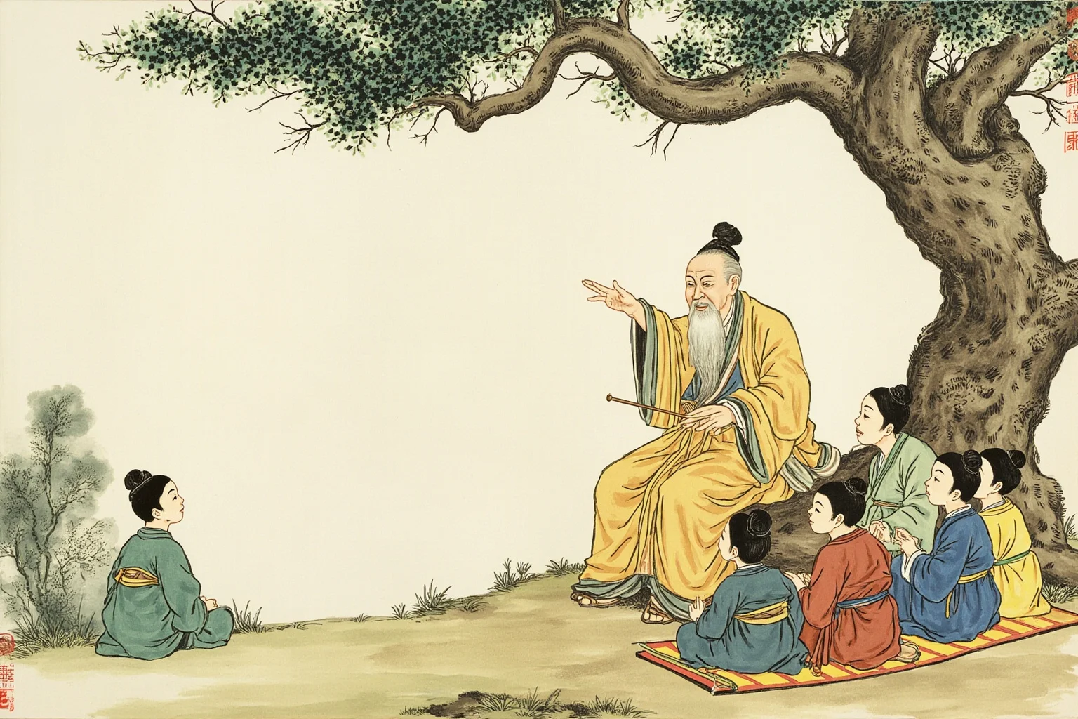An elderly Chinese philosopher in flowing robes teaching a small group of students under a tree, illustration style