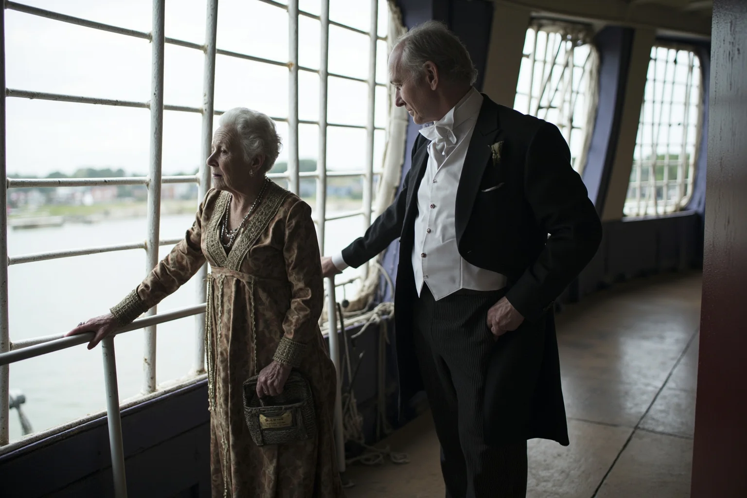 Historical Figures Who Boarded the Titanic — And 10 Who Didn't Survive 16 An elderly Edwardian woman in fine formal dress standing beside a well-dressed man near a ship's railing