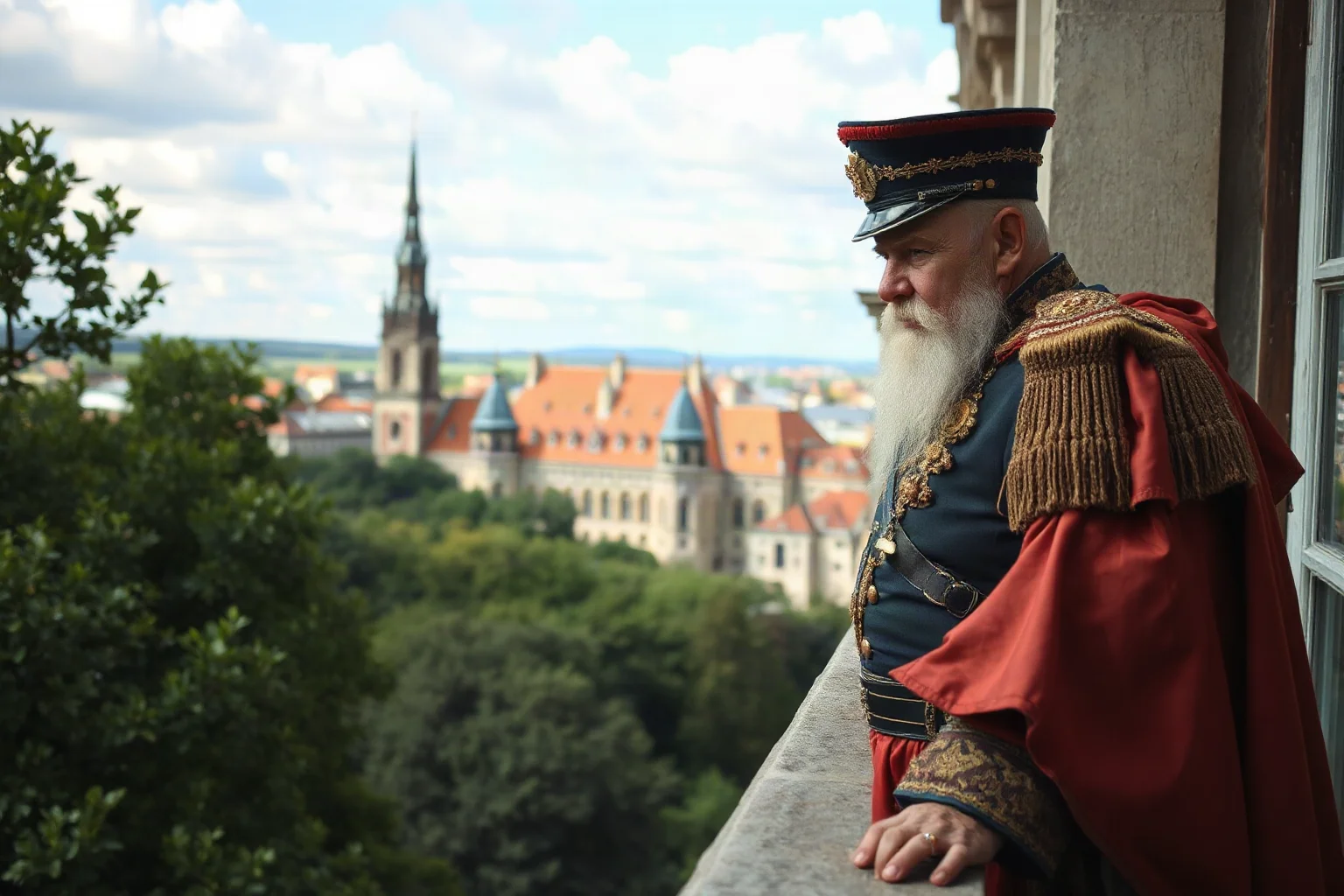An elderly emperor in military dress standing on a palace balcony overlooking a European city