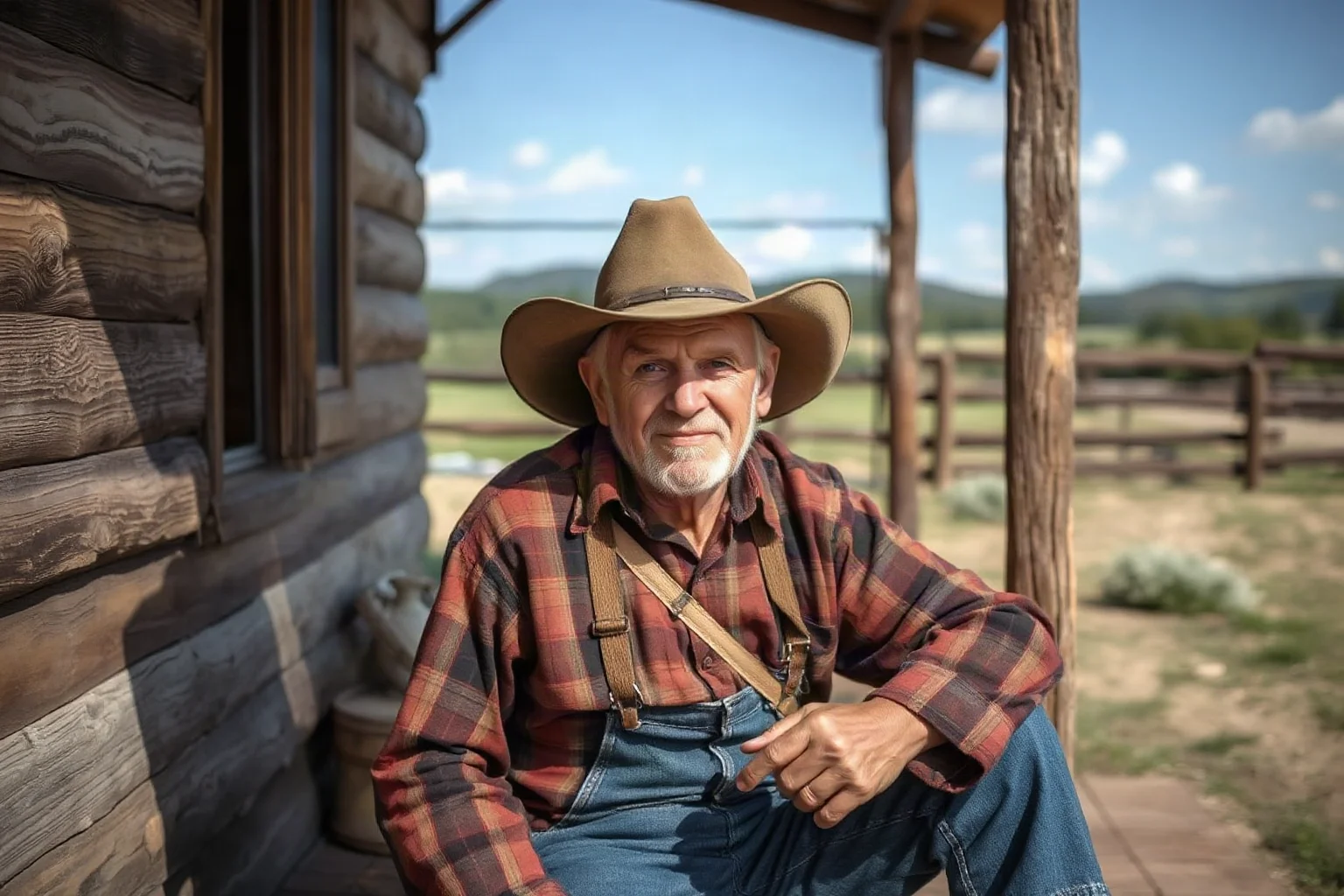 An elderly frontier rancher sitting on a porch, weathered but healthy, decades after settling the land