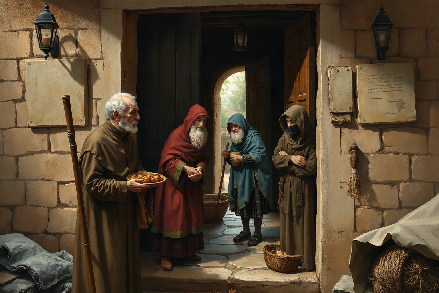 An elderly humble couple offering food and shelter to two disguised travelers at a rustic doorway, warm classical illustration