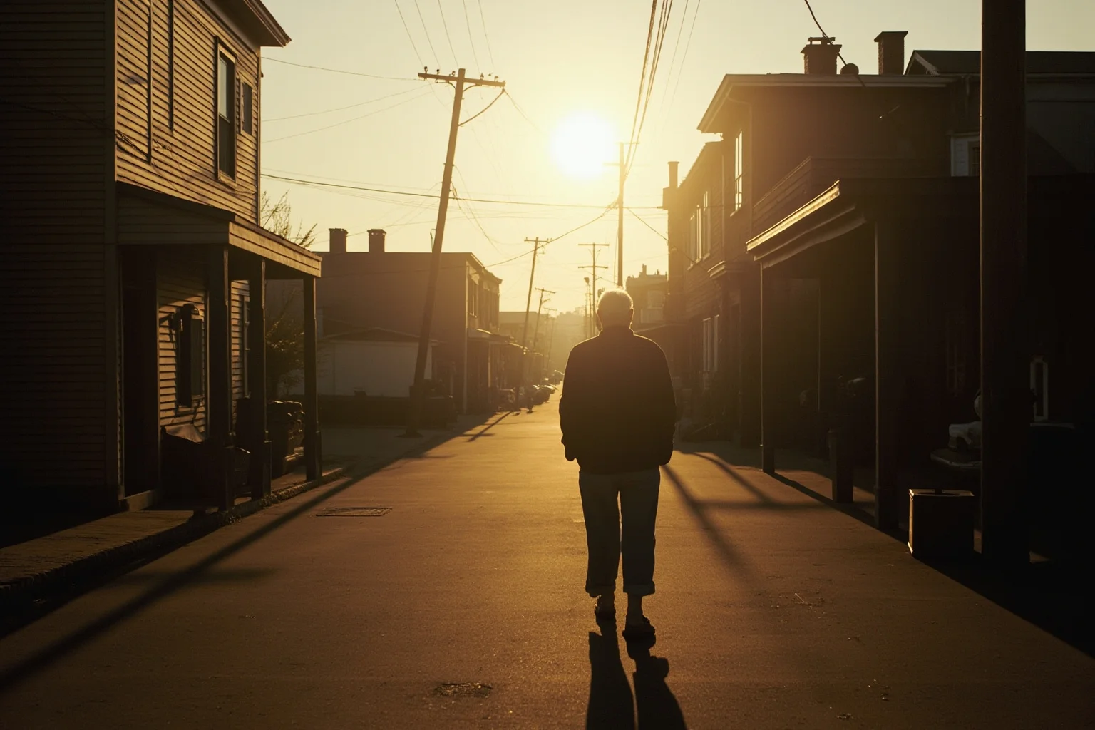 The Most Daring Prison Escapes in History 23 An elderly man walking alone toward a small sunlit American town street, symbolizing decades in hiding