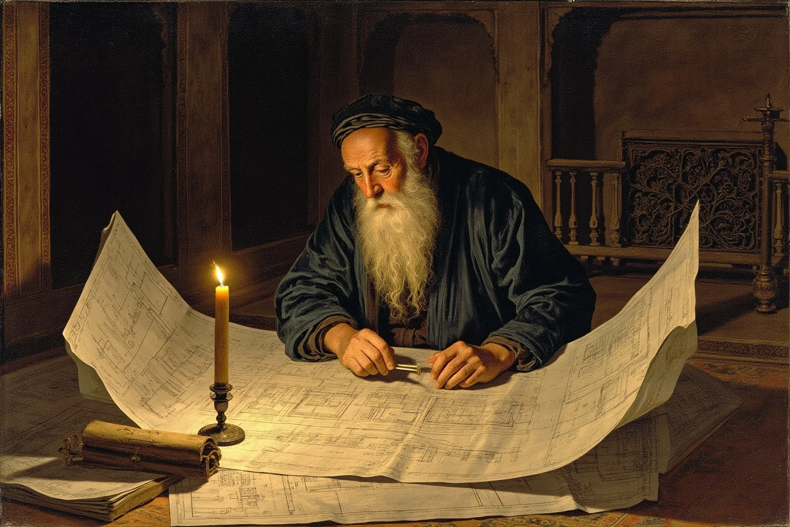 An elderly Mughal court architect examining detailed building plans by candlelight, historical illustration