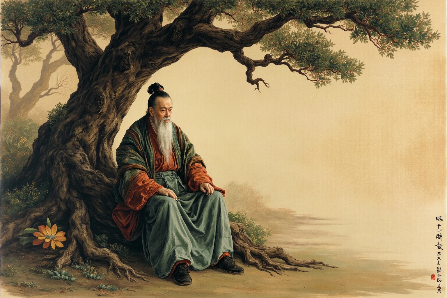An elderly sage in flowing robes sitting beneath a gnarled tree, evoking the legendary philosopher Lao Tzu