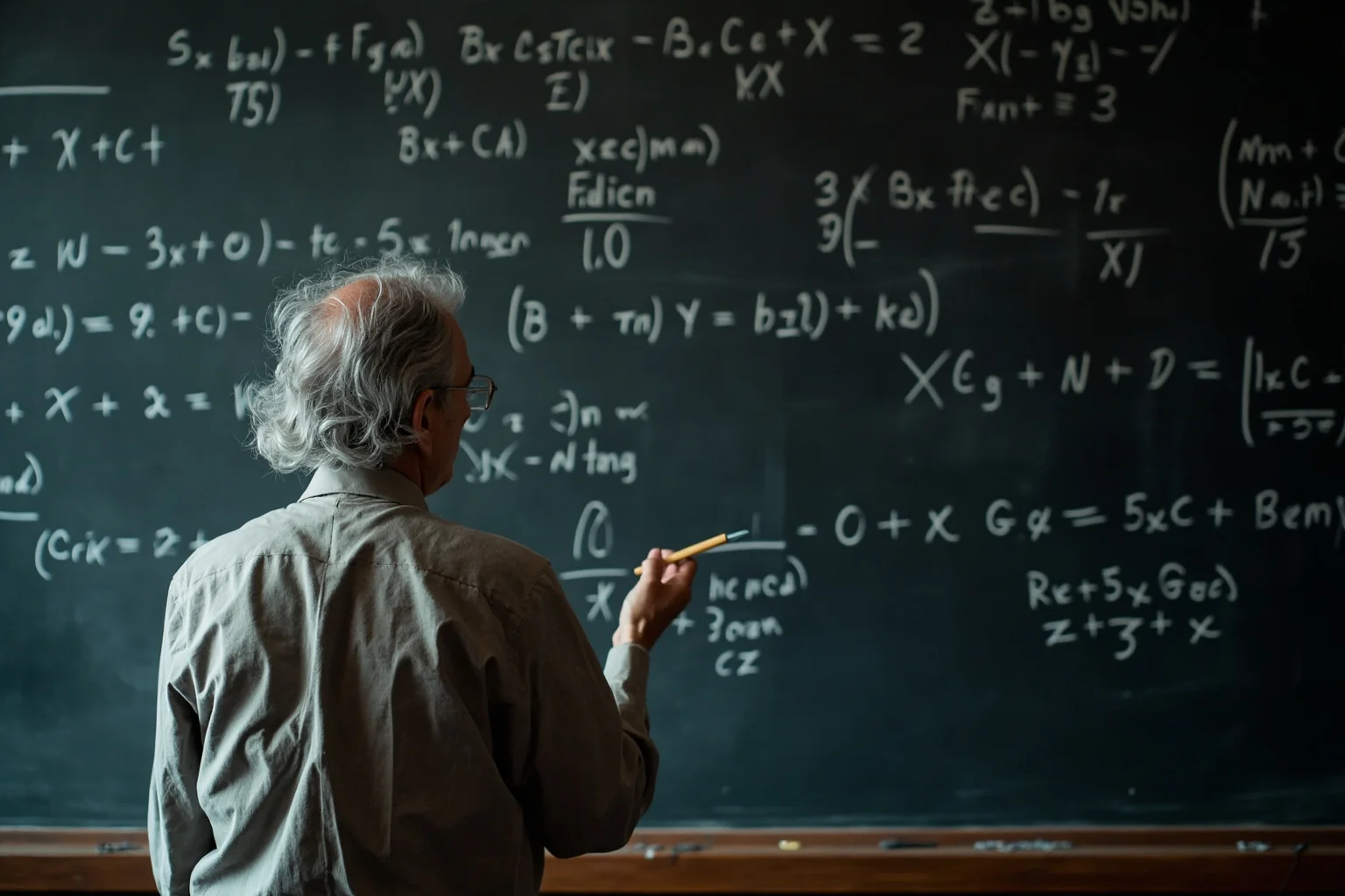 An elderly scientist at a chalkboard filled with complex mathematical equations, representing theoretical physics and relativity