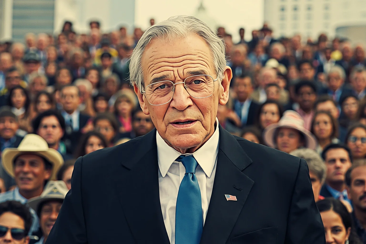An elderly statesman in a simple suit standing before a large diverse crowd outdoors, illustration style, no recognizable real face